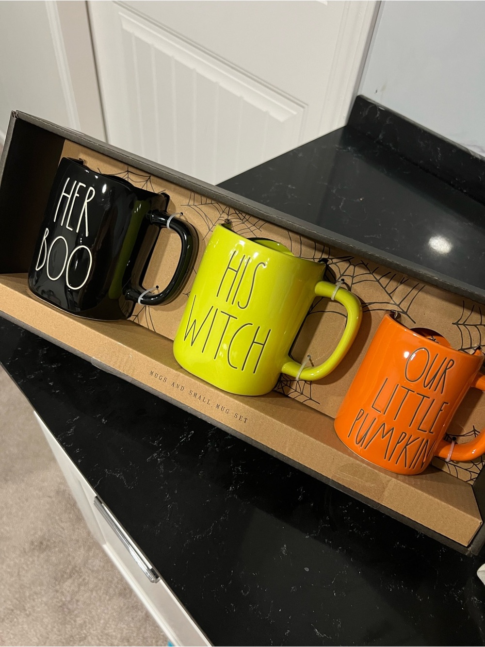 Her Boo, His Witch, Our Little Pumpkin Halloween Mug Set - Black/Lime/Orange